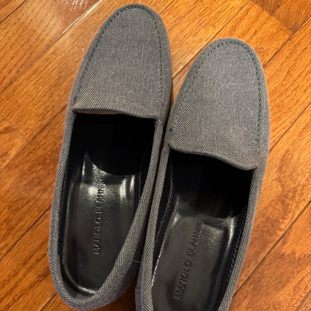 Manolo Blahnik Gray Canvas Loafers 38.5 / US 8.5 Slip On Shoes Made in Italy